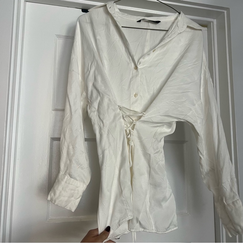 Zara satin button up blouse with corset style tie up front